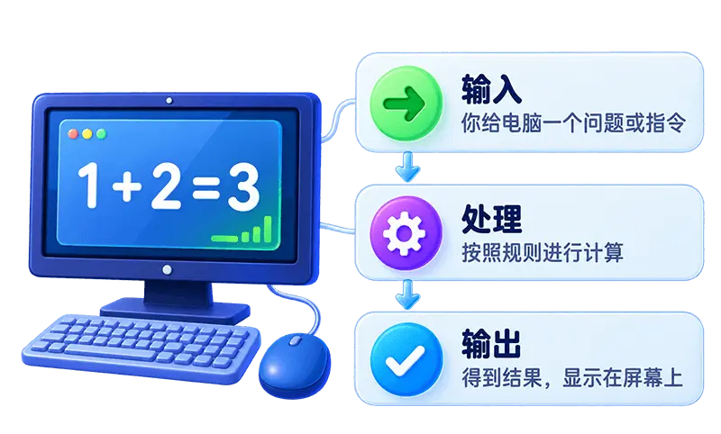 Input: You give the computer a question or instruction; Process: The computer calculates according to rules; Output: Get results displayed on the screen. For example, 1 plus 2 equals 3.