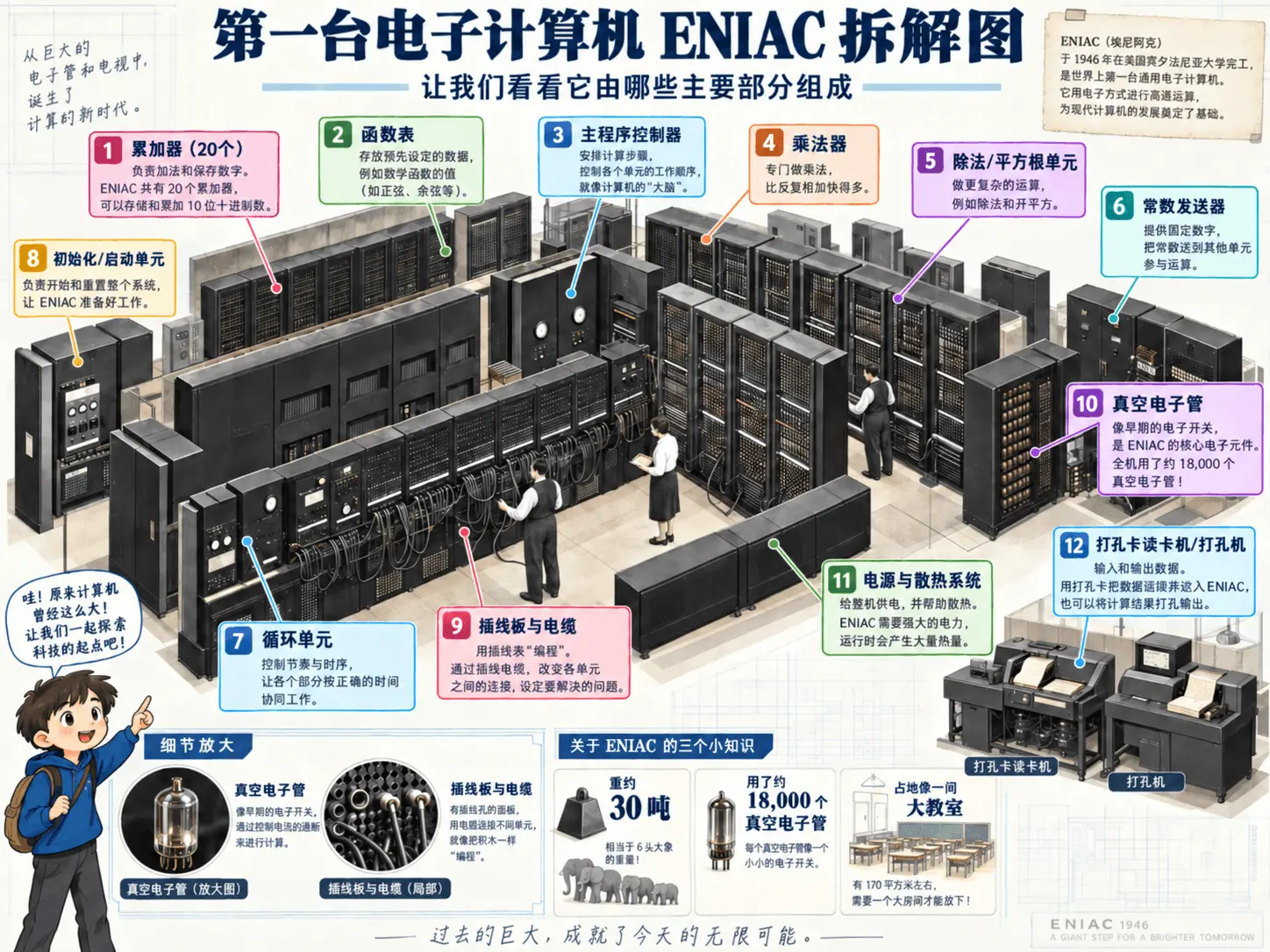 1940年代的 ENIAC 电子计算机占满房间，工程师站在机器旁边作比例参照