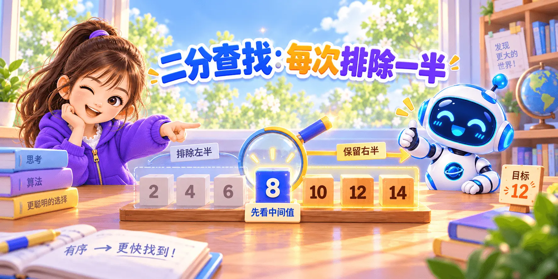 二分查找：每次排除一半 Banner
